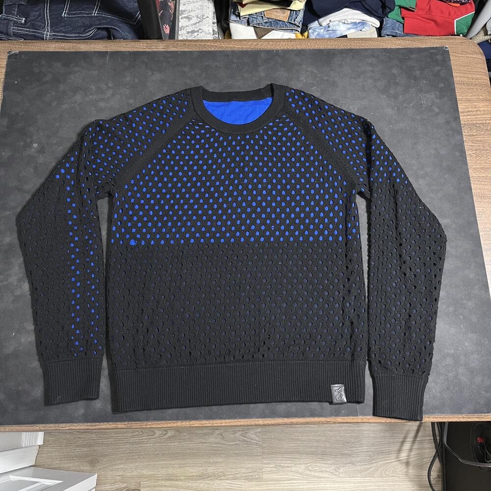 Y-3 Sweater Mens Large Black Blue Reversible Open Knit Crewneck Pullover Adidas